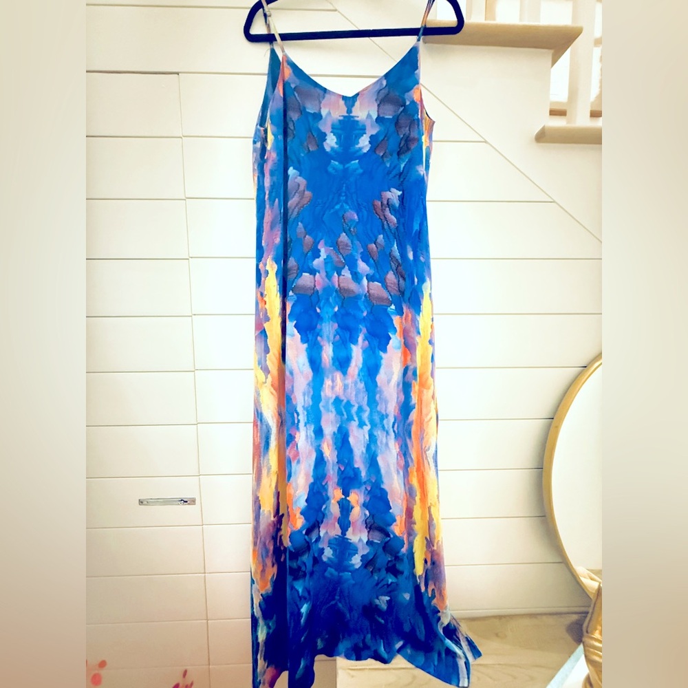 Lulus, Blue Flowy Maxi,Watercolor Pattern Spaghetti Strap Dress, W Slit, Sz: M - Picture 2 of 7